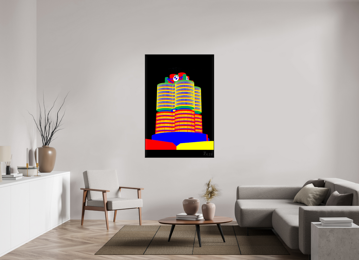 100 x 150 cm, Foto hinter Acryl glänzend ArtBox 25 schwarz 751 BMW Tower – Pop Art Neu Juni 2026