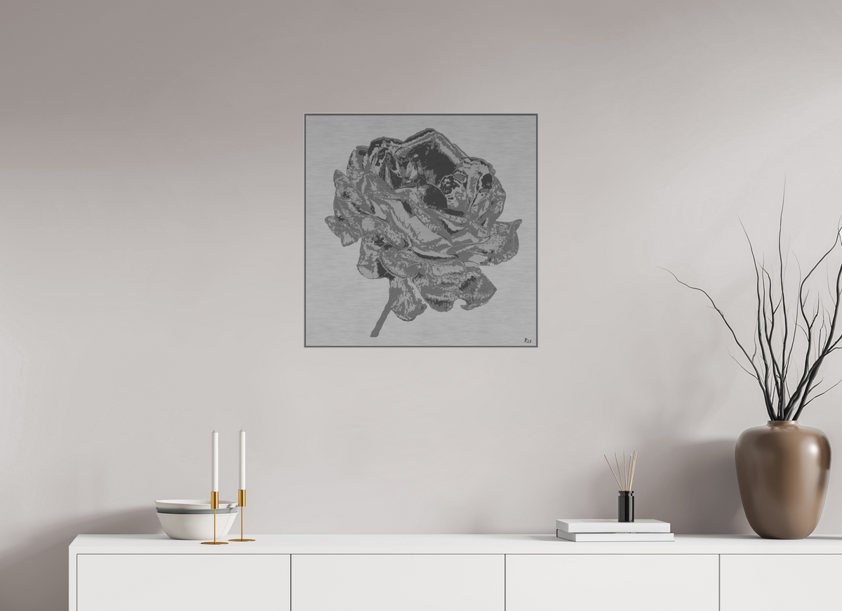 60 x 60 cm, Alu Dibond gebürstet, ArtBox Profiltiefe 25mm Silber 312 Silberne Rose