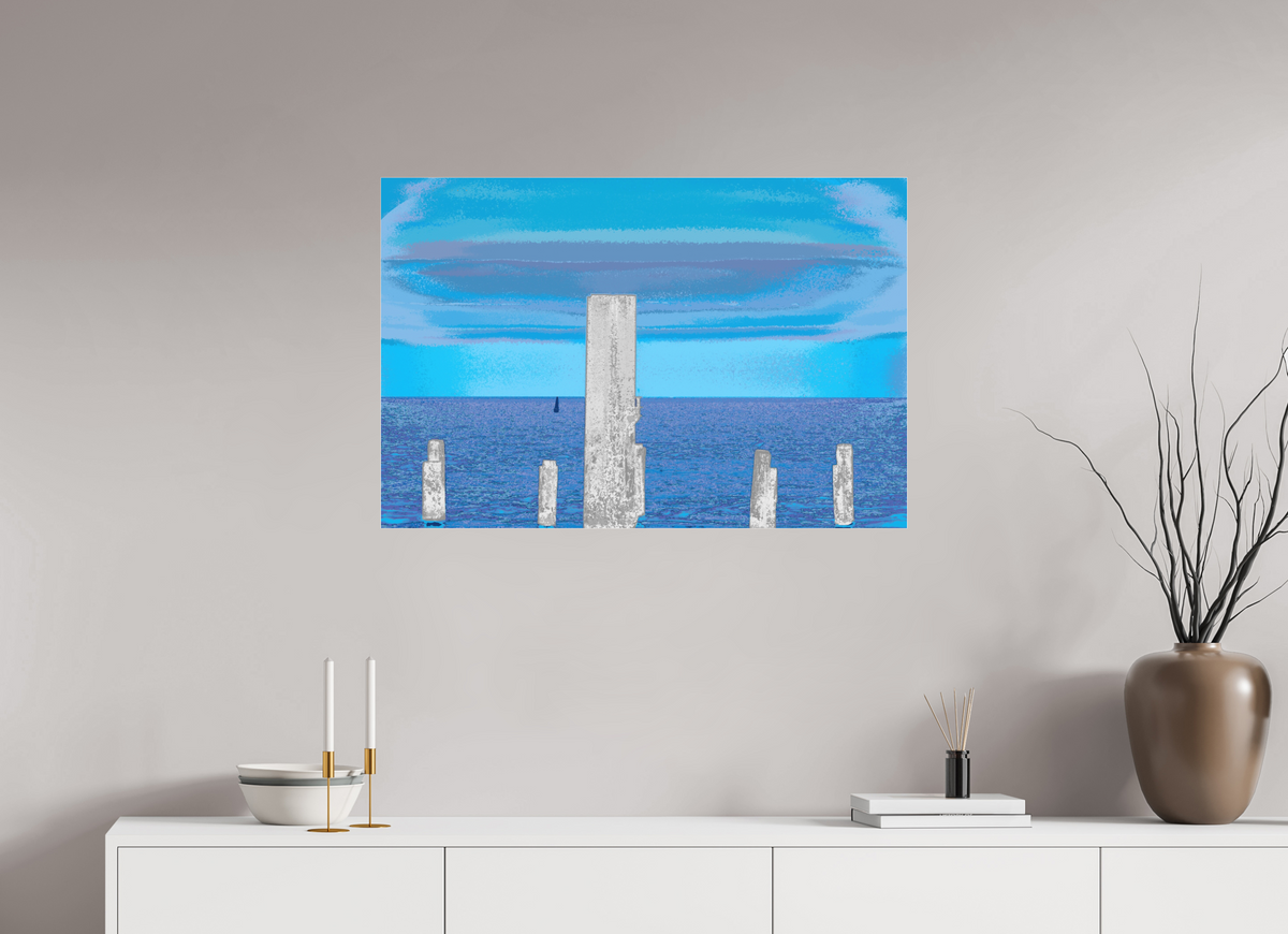 90 x 60 cm, Foto-Abzug hinter Acrylglas matt 720 Pfähle im Meer