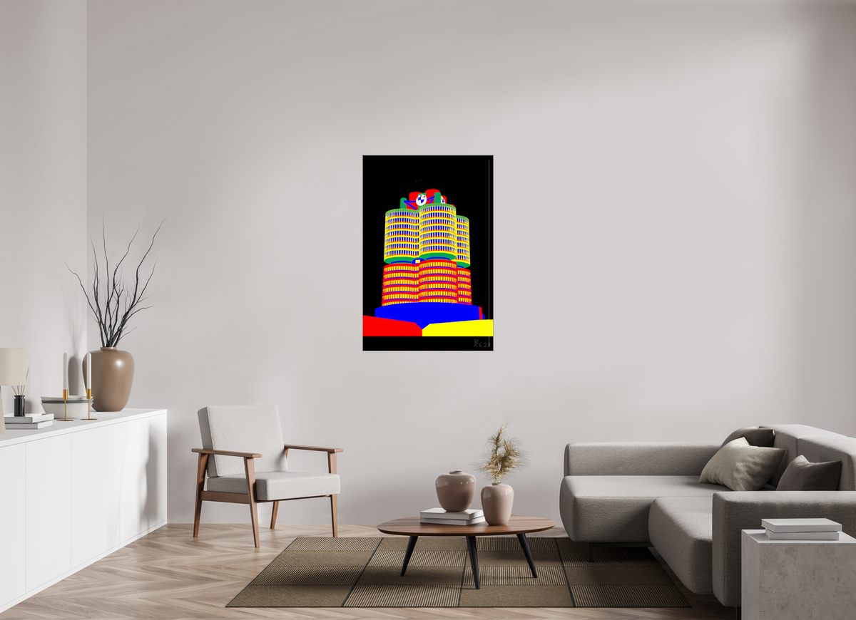 80 x 120 cm, Foto hinter Acryl Glas glänzend, Slim Line schwarz 751 BMW Tower – Pop Art