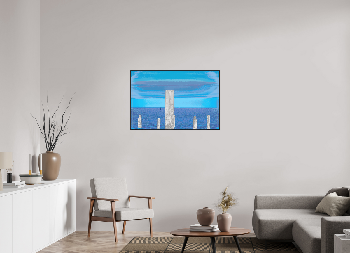 105 x 70 cm, Foto hinter Acryl matt, ArtBox 25mm Profiltiefe schwarz 720 Pfähle im Meer