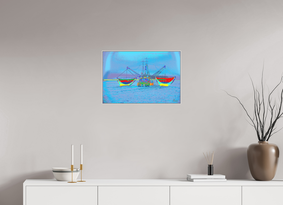 60 x 40 cm, Acryl Matt Artbox 25mm weiß 741 Krabbenfischerboot in der Nordsee