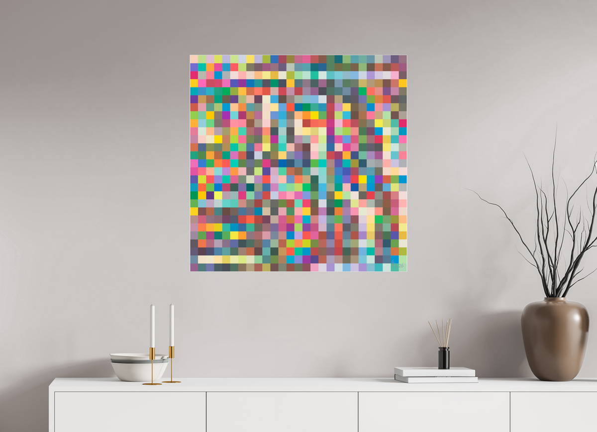 80 x 80 cm, Fotoabzug hinter Acrylglas glänzend, Slim Line silber 099 Pixelteppich