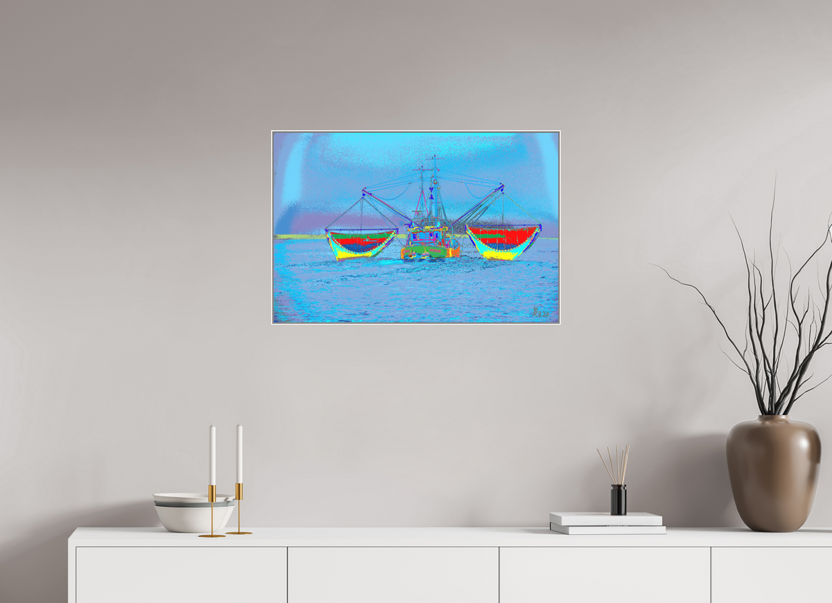 75 x 50 cm, Acryl Matt Artbox 25mm weiß 741 Krabbenfischerboot in der Nordsee