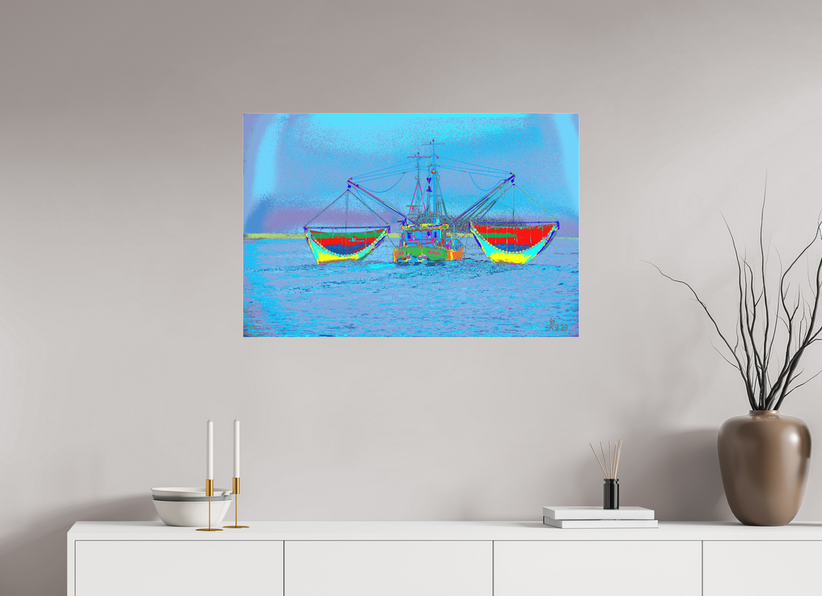 90 x 60 cm, Foto-Abzug hinter Acrylglas matt 741 Krabbenfischerboot in der Nordsee