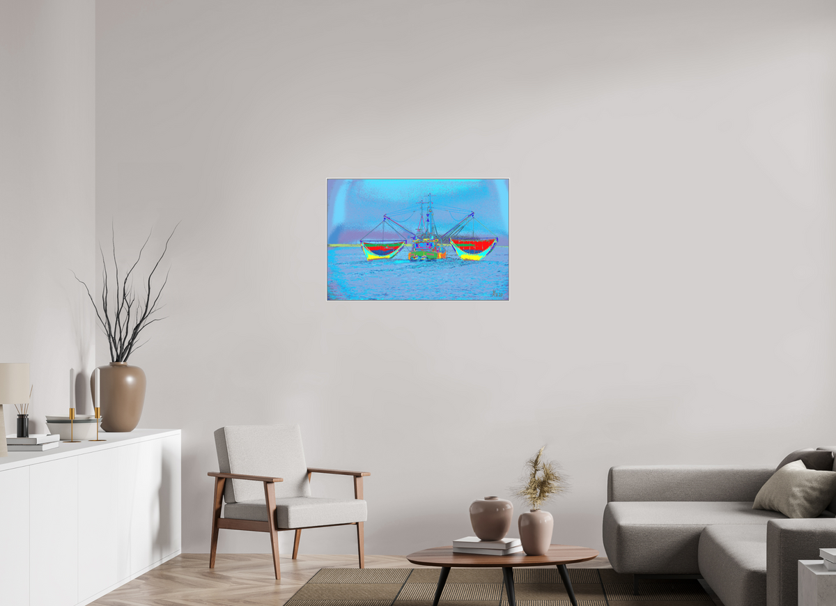 90 x 60 cm, Acryl Matt Artbox 25mm weiß 741 Krabbenfischerboot in der Nordsee