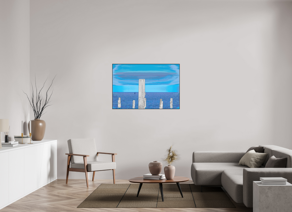 120 x 80 cm, Foto hinter Acryl matt, ArtBox 25mm Profiltiefe schwarz 720 Pfähle im Meer