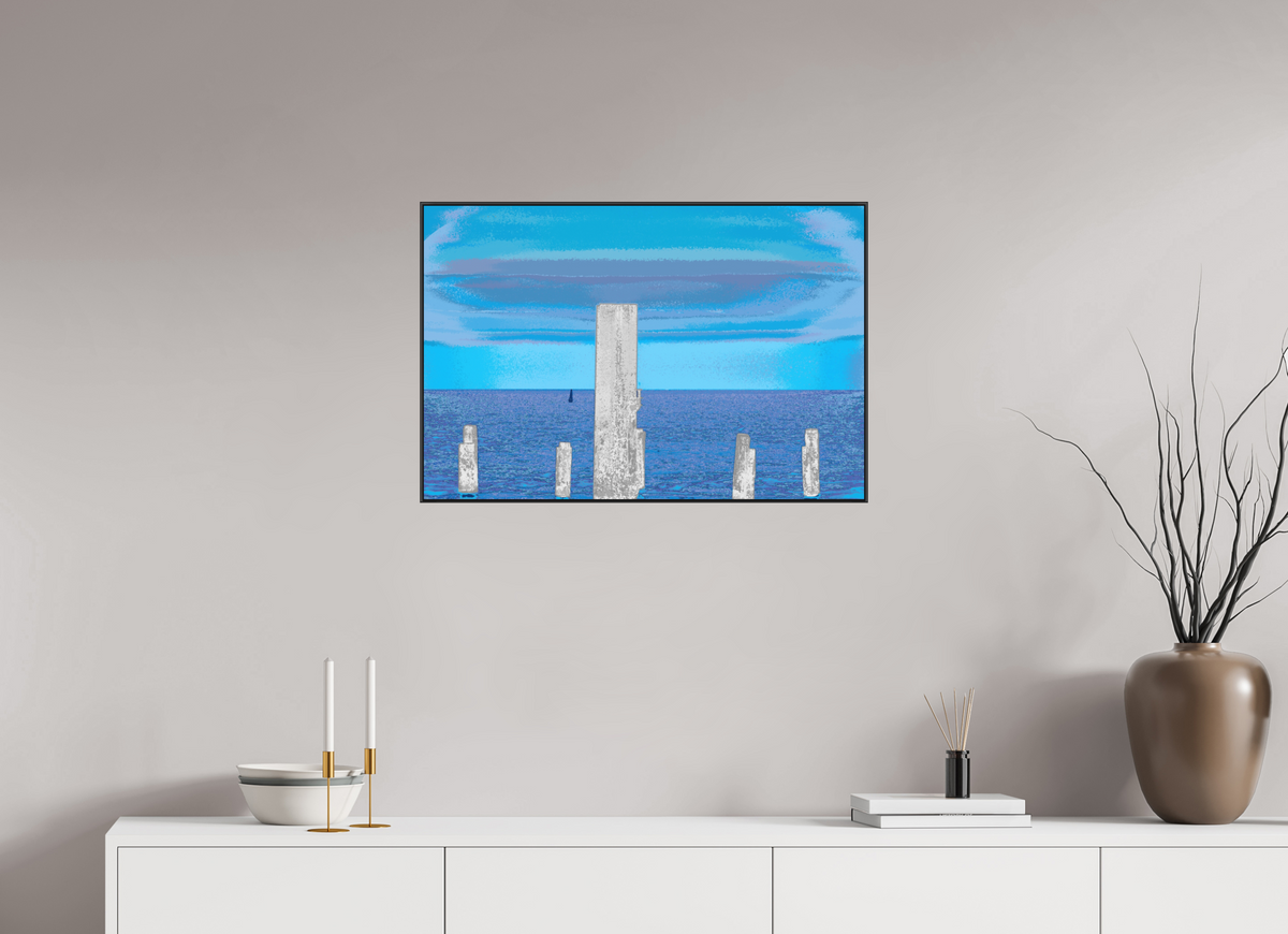 75 x 50 cm, Foto hinter Acryl matt, ArtBox 25mm Profiltiefe schwarz 720 Pfähle im Meer
