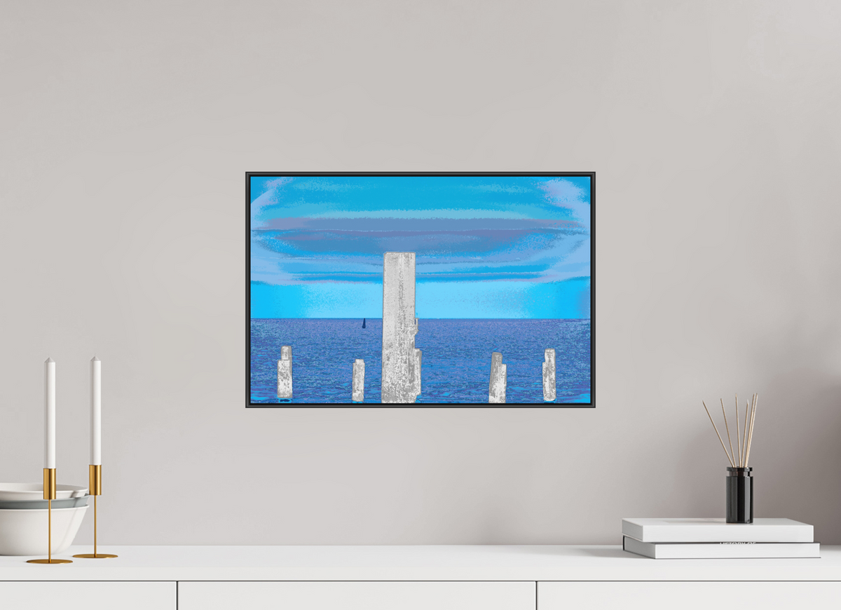 45 x 30 cm, Foto hinter Acryl matt, ArtBox 25mm Profiltiefe schwarz 720 Pfähle im Meer