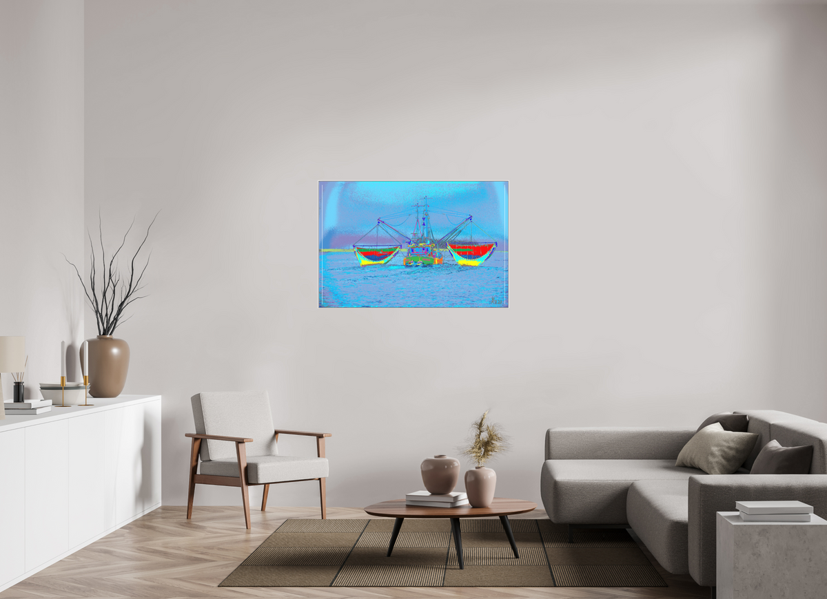 120 x 80 cm, Acryl Matt Artbox 25mm weiß 741 Krabbenfischerboot in der Nordsee
